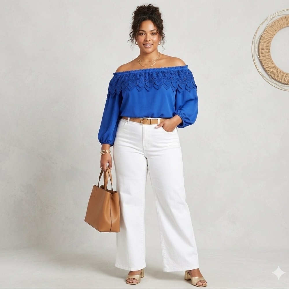 Vince Camuto Plus Off the Shoulder Scalloped Coastal Summer Blouse XX-Large Deep